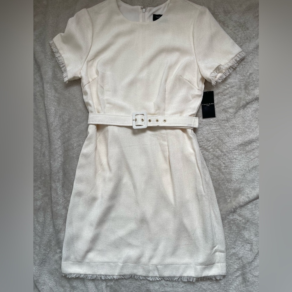 Tahari Cream Belted Short-Sleeve Mini Dress